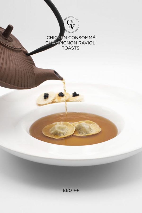 Caviar Cafe : Chicken Consomme Champignon Ravioli Toasts